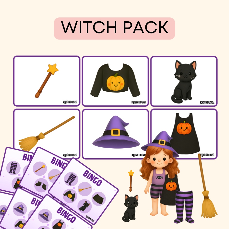 Witch Pack, Hallowen, angielski w przedszkolu, materiały do druku