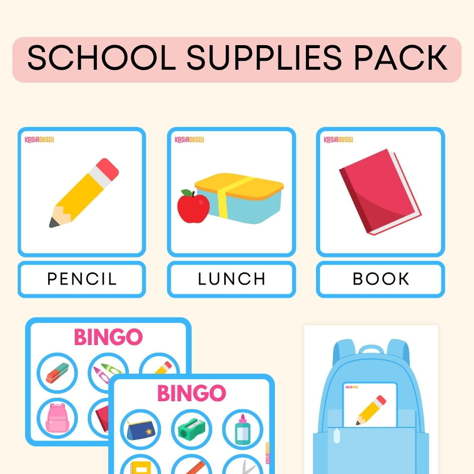 School Supplies Materiały do druku na angielski w przedszkolu i pomysły na zabawy